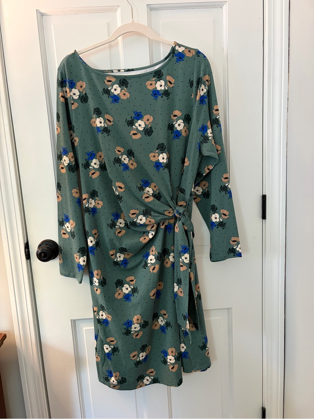 NWT land’s end boat neck tie waist long sleeve green floral wrap midi dress 1X